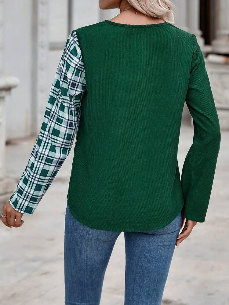 Plaid Print Button Detail V-neck Blouse