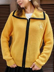SHEIN EZwear Thêu trái tim Tương phản ràng buộc Thả vai Dây kéo Áo len Mở - Màu vàng - Xem 4