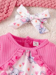 Đứa bé gái Tim & In hình con voi Viền Ruffle Nơ mặt trước Áo liền quần chặt Không có Dây buộc tóc - Hồng - Xem 7