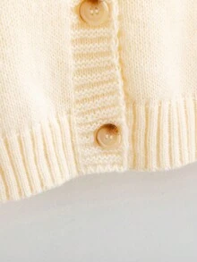 青少年女孩花卉圖案補丁貼落肩袖開襟衫 - 米色 - 查看 5