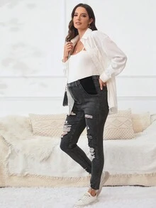 SHEIN 孕婦高腰破洞毛邊緊身牛仔褲 - 深灰色 - 查看 5