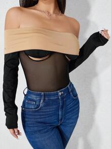 Zolique Off Shoulder Colorblock Mesh Bodysuit Fall Cloth For Women - Black - View 6