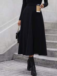 Chiquease Solid High Waist Flare Skirt - Black - View 5