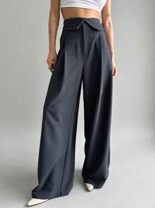 Dazy Star Solid Fold Waist Wide Leg Pants - Dark Grey - View 3
