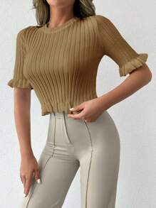 EURMUSE Flounce Sleeve Ruffle Hem Knit Top - Camel - View 4