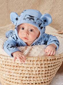 SHEIN Baby Boys' Cartoon Animal Pattern Hooded Long Sleeve Jumpsuit - Blue - View 6