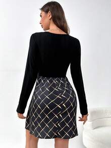 SHEIN Privé Argyle Print Guipure Lace Insert Dress - Black - View 2