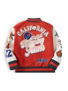 SHEIN Girls' Patch Printed Baseball Jacket For Family Look (4pcs Sold Separately) - Red - View 2