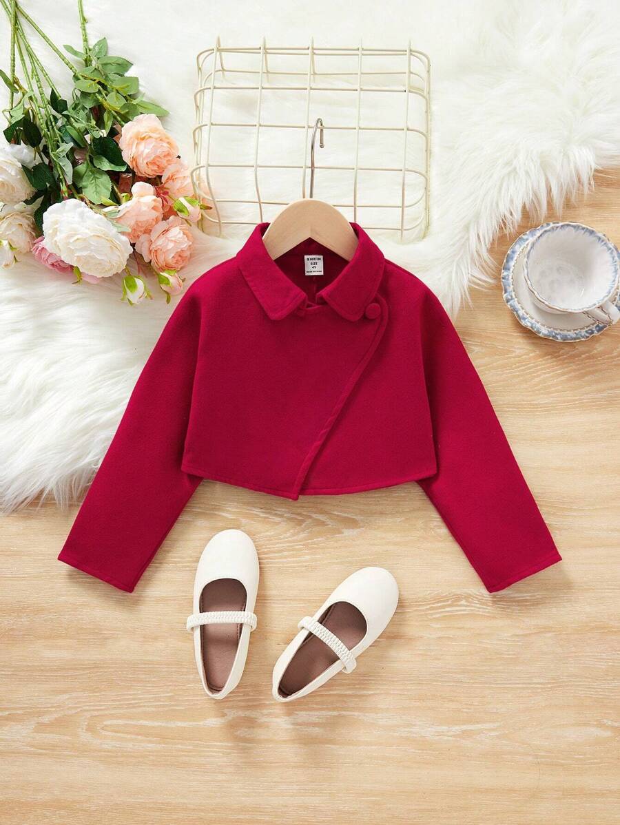 SHEIN Young Girl Solid Wrap Front Single Button Jacket - Red - View 1
