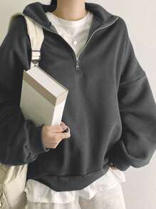 DAZY Áo nỉ lót nhiệt cỡ lớn có khóa kéo nửa vai thả, áo dài tay - Xám - Xem 4