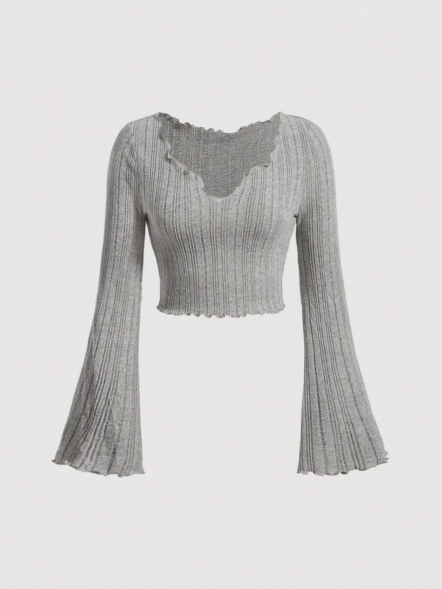 SHEIN MOD 生菜边饰喇叭袖短款 T 恤 - 杏色 - 查看 1