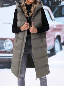 SHEIN LUNE 女士中长款纯色连帽加厚背心加厚外套冬季衣服带侧拉链下摆 - 灰色 - 查看 1