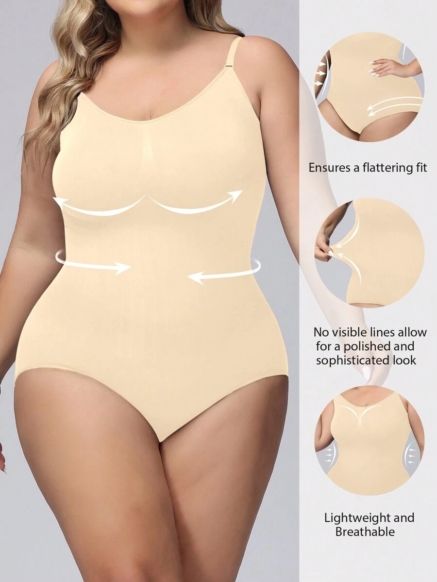 Plus Solid Shapewear Cami Bodysuit - Khaki - View 1