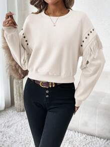 SHEIN Clasi Chi tiết đáng kinh ngạc Viền rìa Thả vai Áo nỉ - Màu be - Xem 5