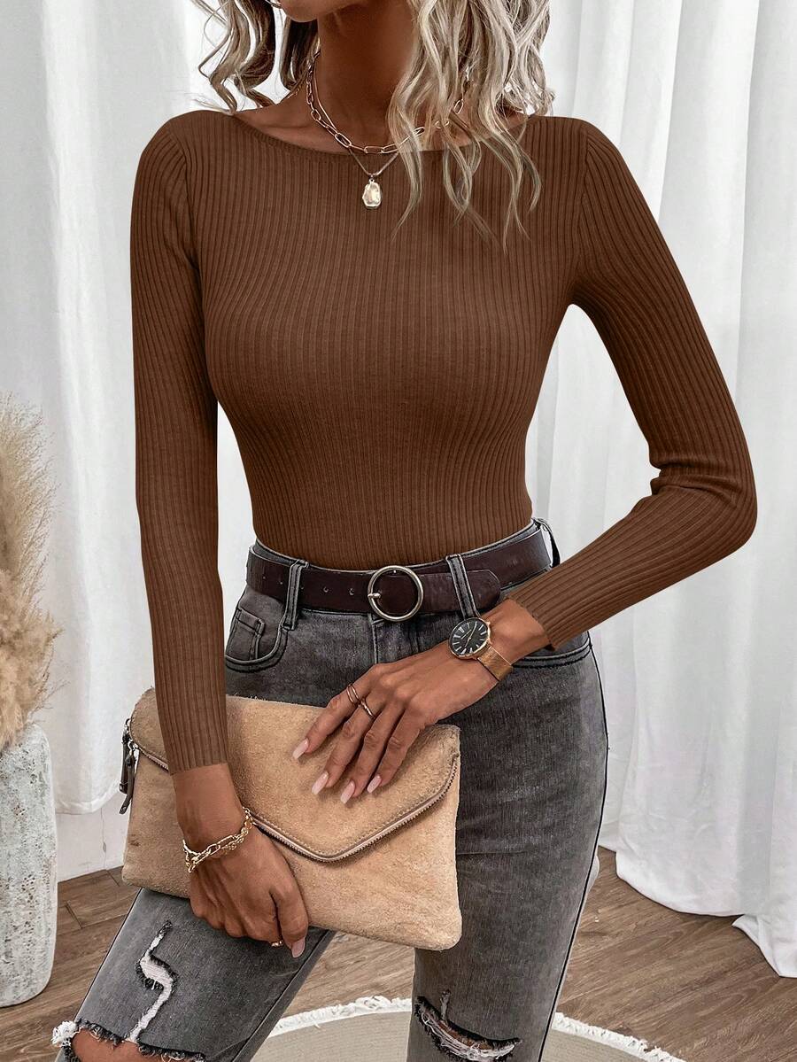 EURMUSE Solid Boat Neck Ribbed Knit Sweater - Coffee Brown - View 1