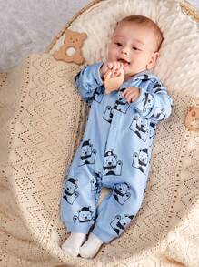 SHEIN Baby Boys' Cartoon Animal Pattern Hooded Long Sleeve Jumpsuit - Blue - View 5