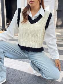 SHEIN Unity 拼接邊毛衣背心不帶襯衫 - 米色 - 查看 6