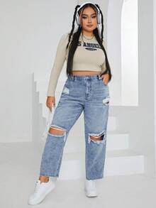 SHEIN EZwear Hơn Rách Quần jean Tapered - Rửa trung bình - Xem 3