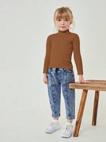 SHEIN Young Girl Mock Neck Ribbed Knit Sweater - Brown - View 3
