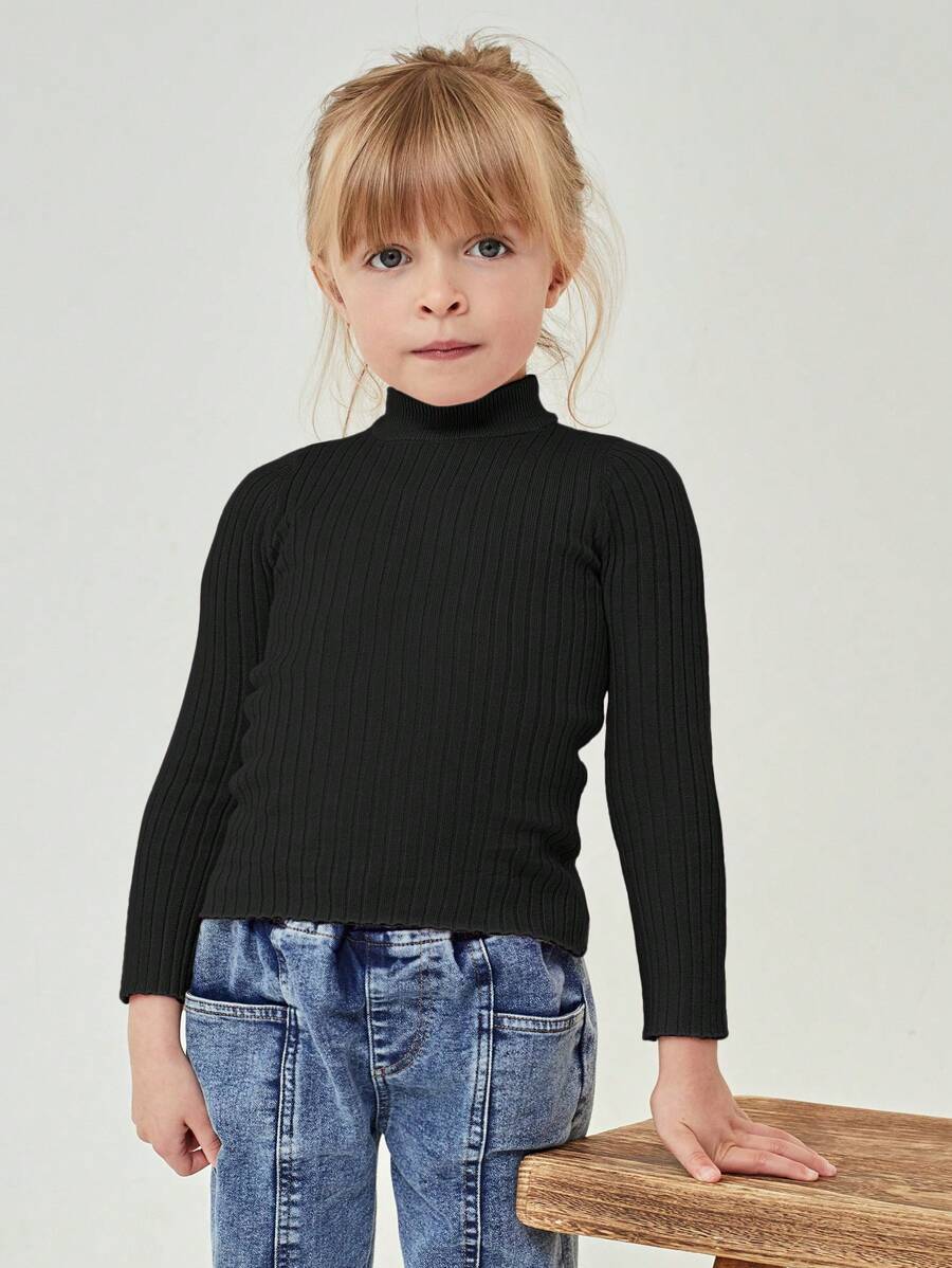 SHEIN Young Girl Mock Neck Ribbed Knit Sweater - Black - View 1