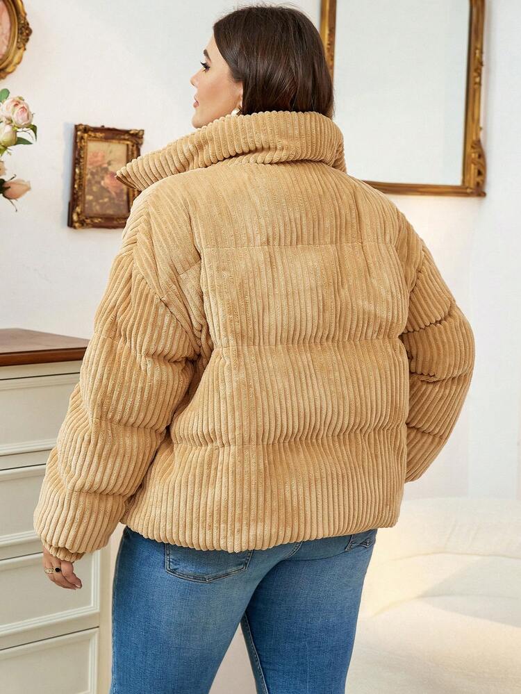 Plus Heart Embroidery Drop Shoulder Corduroy Padded Padded Coat Clothes Winter