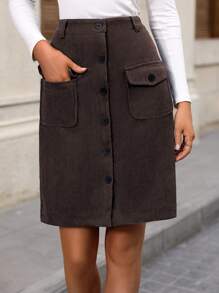 SHEIN Privé Flap Pocket Button Front Skirt Without Belt - Coffee Brown - View 4