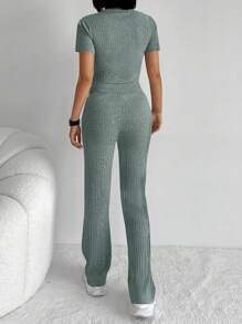 EURMUSE Solid Crop Tee & Pants - Mint Green - View 2