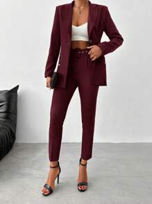 EURMUSE Women'S Solid Color Suit Set With Lapel Collar Jacket And Pants - Maroon - View 1