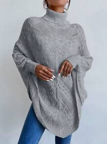 SHEIN Essnce 高領蝙蝠袖不對稱下擺斗篷針織衫 - 灰色 - 查看 3