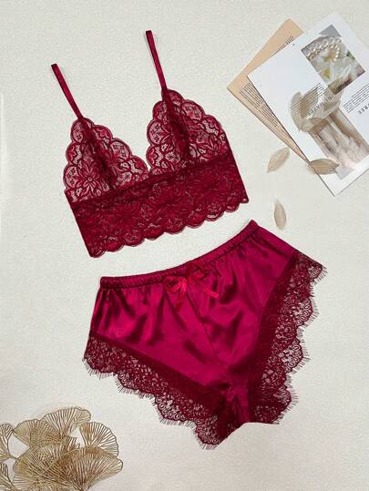 Seduluxe Contrast Kanten Satijnen Verleidelijke BH Boyshorts Lingerie Set view 6