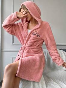SHEIN Của phụ nữ Thêu Chữ áo có mũ ÁO choàng mặc nhà Với Thắt Lưng - Hồng - Xem 1