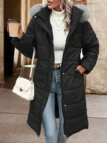 SHEIN Unity 毛绒装饰连帽拉链加厚棉服外套冬季 - 黑色 - 查看 7