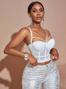 Áo croptop corset màu trơn gợi cảm phong cách Y2K, thích hợp cho lễ hội rave, chất liệu lưới khoét rỗng, dây mảnh, lưng hở, cài nút phía sau, trang phục Halloween, quần áo mùa thu cho nữ, màu trắng, thích hợp cho mùa hè. - trắng - Xem 3