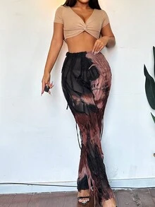 人像圖案流蘇邊長褲 - 棕色 - 查看 5