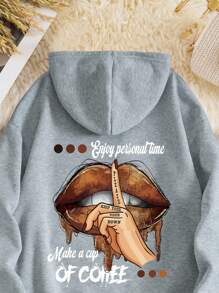 INAWLY 字母和嘴唇印花束口連帽毛絨衫 - 灰色 - 查看 5