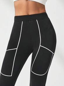 Easithlete Khối màu Quần Leggings thể thao Với Viền chia cắt Và Cạnh cuộn Chi tiết - màu đen - Xem 7