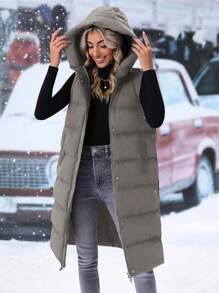 SHEIN LUNE 女士中长款纯色连帽加厚背心加厚外套冬季衣服带侧拉链下摆 - 灰色 - 查看 4