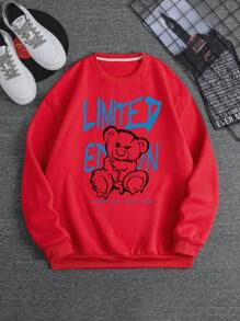 男士熊和標語圖案加絨內裏運動衫 - 紅色 - 查看 1