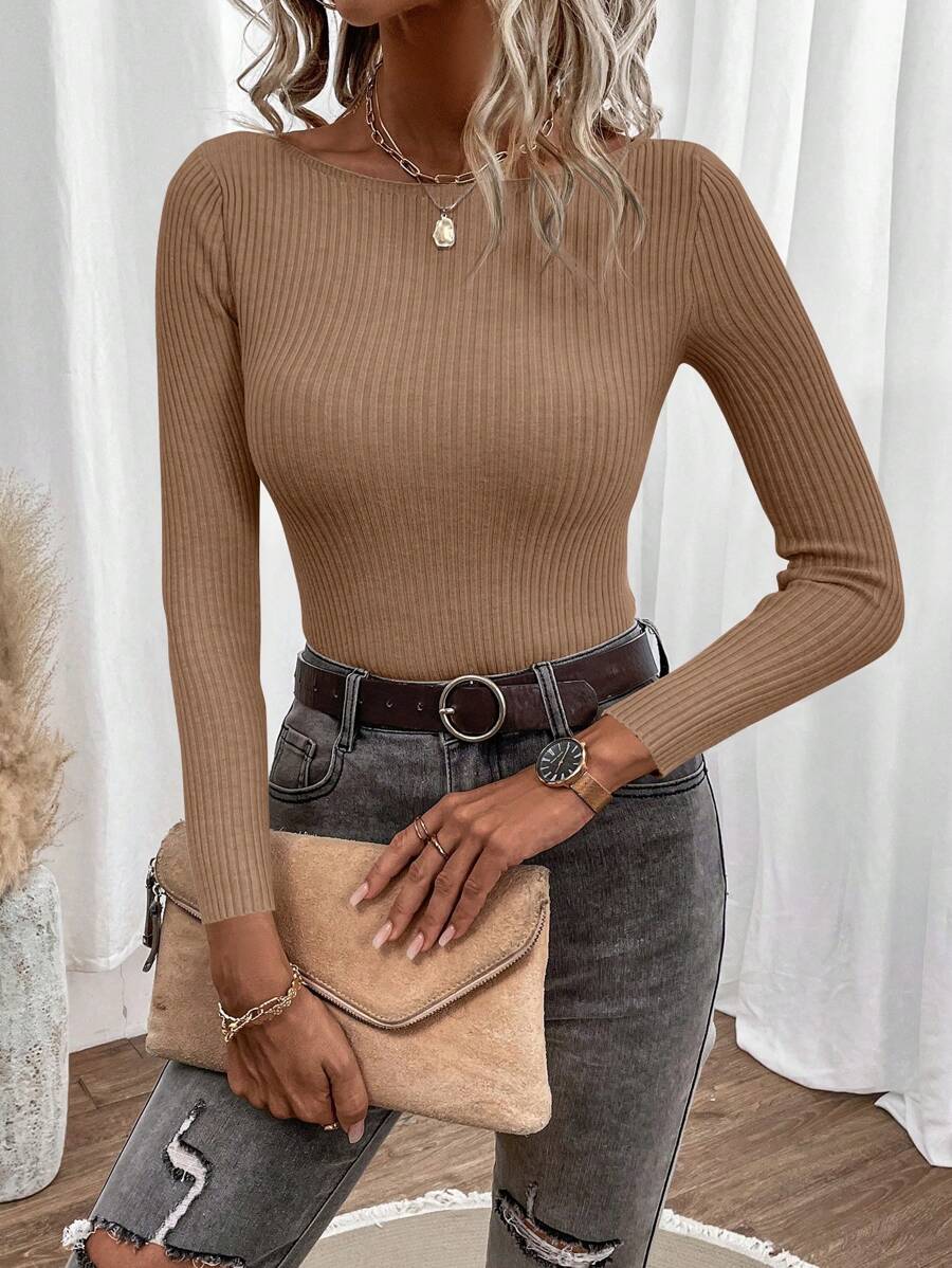 EURMUSE Solid Boat Neck Ribbed Knit Sweater - Mocha Brown - View 1