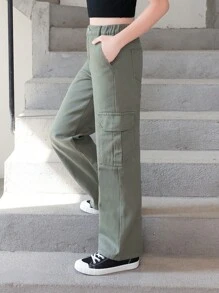 SHEIN Tween 女童休闲时尚洗水牛仔直筒牛仔裤 - 軍綠色 - 查看 6