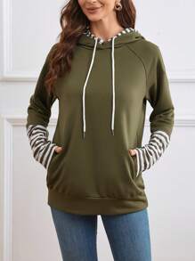 EMERY ROSE Striped Raglan Sleeve Drawstring Hoodie - Army Green - View 4