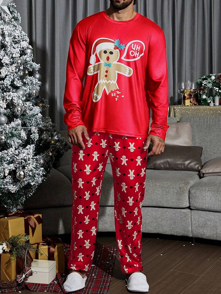 Men Christmas Print PJ Set - Red - View 1