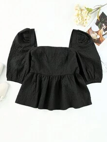 Cổ vuông Ống tay áo Xoay eo Schiffy Áo sơ mi - màu đen - Xem 5