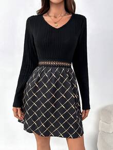 SHEIN Privé Argyle Print Guipure Lace Insert Dress - Black - View 5