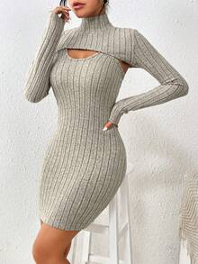 SHEIN Essnce Solid Color Knitted Ribbed Cami Dress And Cropped Top - Khaki - View 6