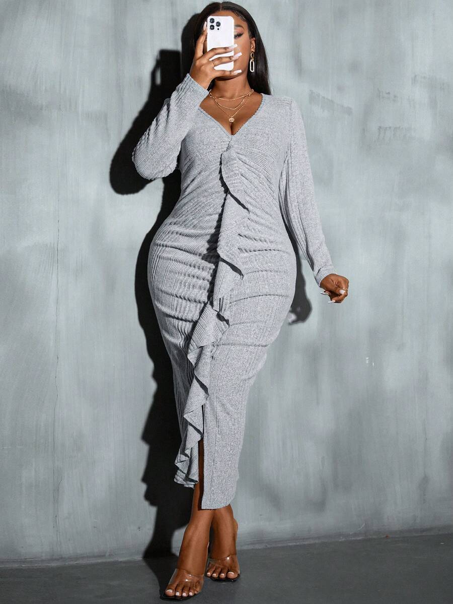 Maweii 大碼荷葉邊褶邊下擺開叉緊身洋裝 - 灰色 - 查看 1