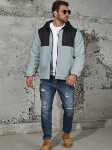 Manfinity Homme Abrigo acolchado con capucha con cremallera y bloques de color talla grande para hombres