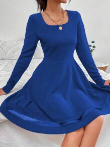EURMUSE Mesh Detail Long Sleeve Dress - Blue - View 4