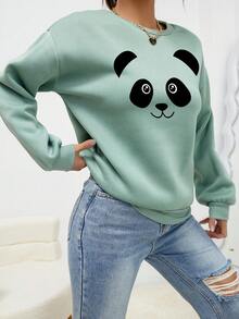 SHEIN EZwear Của phụ nữ Hoạt hình gấu trúc In Vòng cổ Áo nỉ - Màu xanh Bạc hà - Xem 3