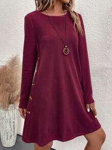 SHEIN LUNE Solid Button Detail Tee Dress - Burgundy - View 5